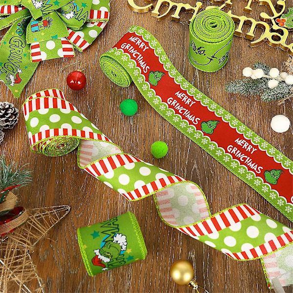 Grinch Julebånd - 4,5 m 2,5 tommer Julegave Grinchs Innpakningsbånd, Pynt til Juletre Krans Sløyfer BD B