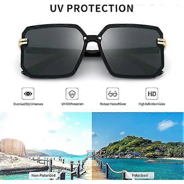 Polariserede solbriller oversized dame herre ultralette solbriller UV trendy solbriller sort stel med sorte og grå linser [DB]