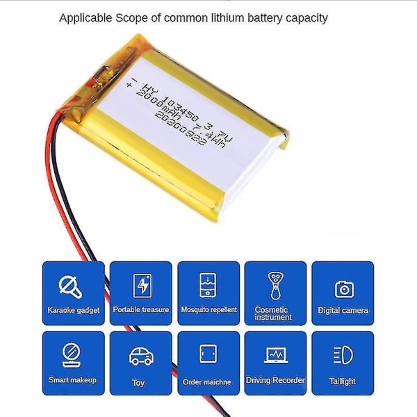 3.7v 103450 Polymer Lithium Batteri 2000 Mah Genopladelige Højttalere Høj Kapacitet [DB]