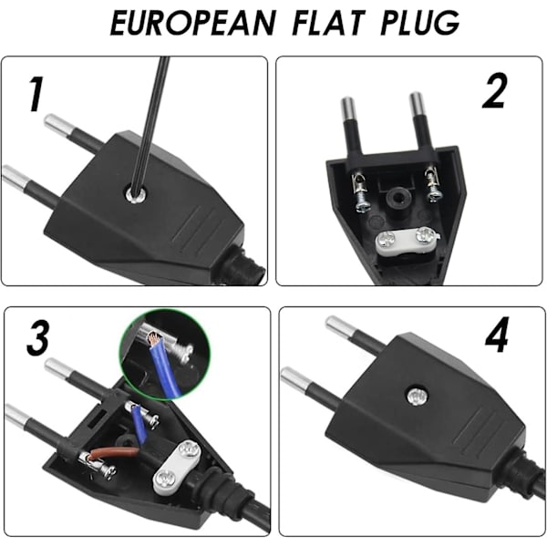 Flat elektrisk stikkontakt europeiske plugger Euro Flat Flat strømplugg 250 V 2,5 A med skrutrekkerapplikasjoner stikkontakter (svart)