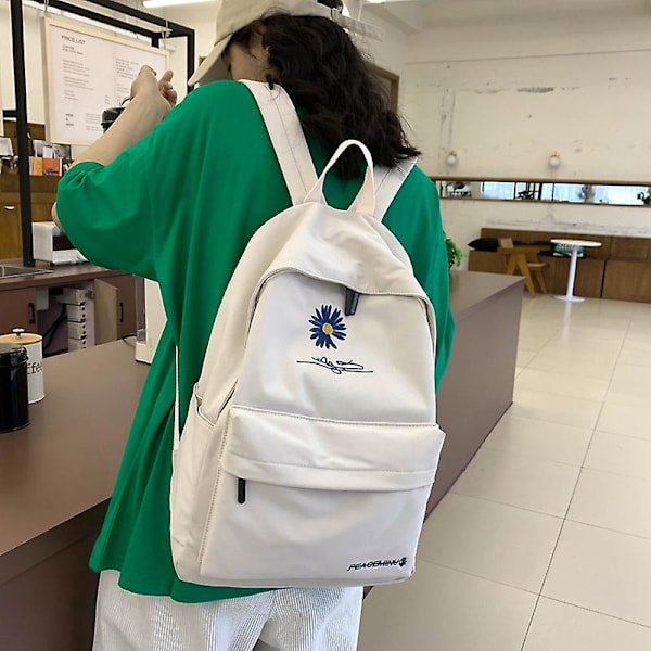 Ryggsäck med hög kapacitet enfärgad flicka skolväskor för tonåring skolväska nylon tusensköna tryckväska (FW) White