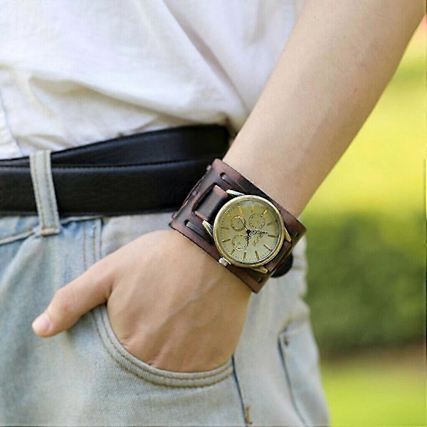 Herr Retro Armbandsur Bred Läderrem Manschett Vintage Quartz Armbandsur [Db] Brown