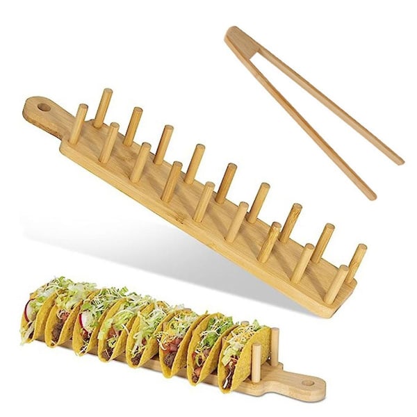 Bambubricka för tacos med plats för 8, Tacohållare som möjliggör bricka för flera användningsområden, Ostbricka