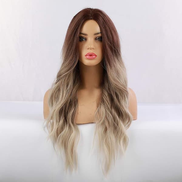 Kvinders Bølgede Paryk Medium Del Langt Krøllet Hår Gradient Blond