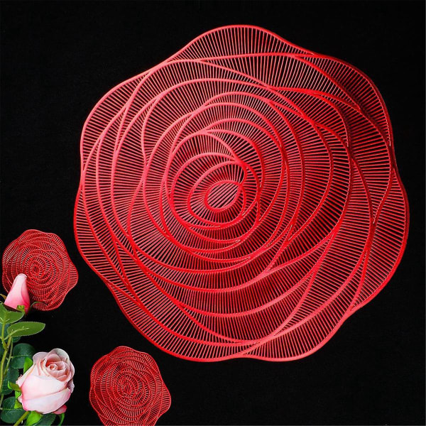 6stk røde dekkebrikker og bordunderlag Presset vinyl 15 tommers rose runde bordbrikker Spisebordmatter Dinni