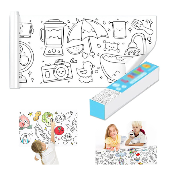 Nytt tegneark for barn, DIY fargefyllingsklebende tegnepapirrull for småbarn, tegneblokk for barn, småbarnsmalingssett db sky blue