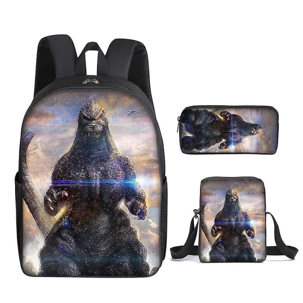 3 stk/sett Godzilla Vs Kong Ryggsekk Trykt Skoleveske Med Blyantveske Messenger Bag DB Style 2