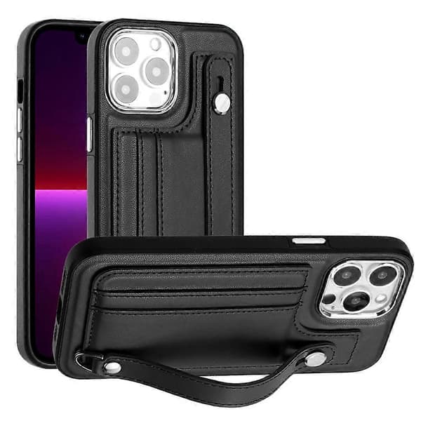 Stöttåligt Läder Telefonfodral med Handledsrem [DB] Black For iPhone 15 Pro Max