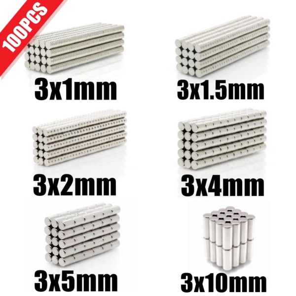 100 stk Mini Små N35 Runde Magneter 3x1 3x1.5 3x2 3x4 3x5 3x10 Mm Neodym Magnet Permanent Ndfeb Super Sterke Kraftige Magneter db 3x10(100pcs)