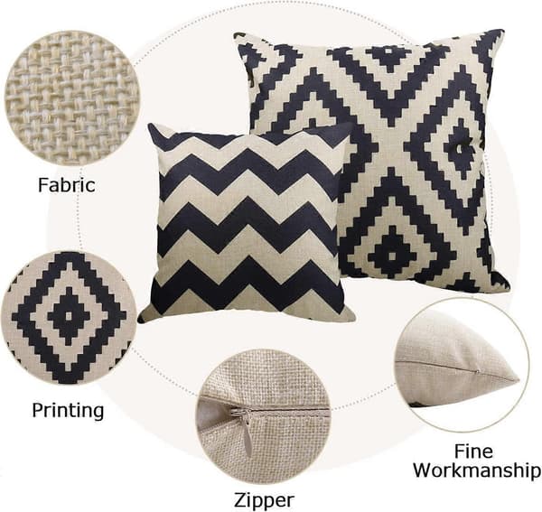 4-Dels Sofahyndebetræk Polstring Sofahyndebetræk Udendørs Linned Hyndebetræk Polstring (Sort-Beige, 45x45 cm) [DB]