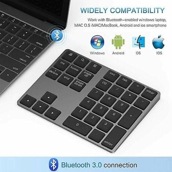 Bluetooth Nummertastatur, Genopladelig Trådløs Numerisk Tastatur Slank Aluminium 34 Taster Tastatur [DB]