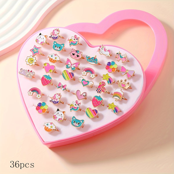 Børne Ringe til Piger, 36-delt Justerbar Prinsesse-Tema Tegneserie Sød Emalleringsringe Sæt, Zink Legering, 18K Guldbelagt, Ingen Mosaik, Aldre 3-14{db} One Size Fits All