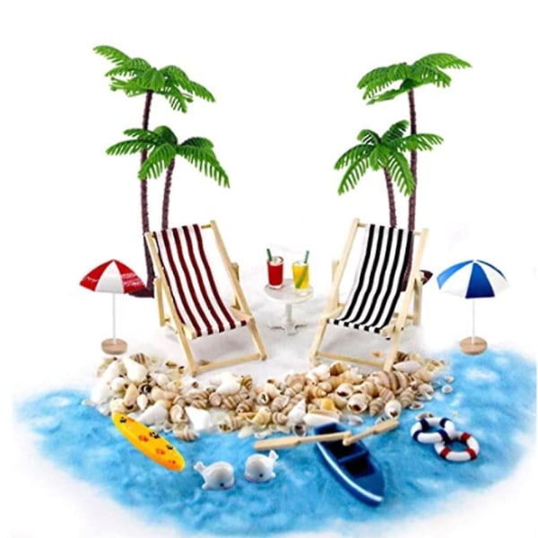 1/12 dukkehus tilbehør Miniature strandsæt dekoration Strand mikrolandskab med liggestole Parasoller Palmetræ db