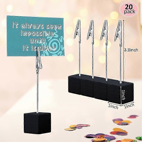 20 Stk. Memo Clip Holder med Terningebase og Alligatorklemme, Træbase, Bordnummerholder, Terningebase, Bordkortholder [DB] Black