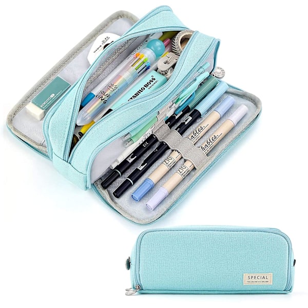 Pencil Case med Stor Kapacitet, 3 Rum, Pennetaske til Skole Teenager Pige Dreng Mænd Kvinder (gul) [Db] Light Blue