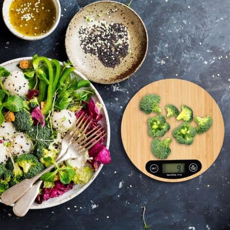 Digital köksvåg i bambu, LCD-skärm, tarafunktion, stöder upp till 5 kg, rund, Ø 20 cm, natur