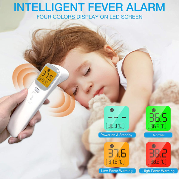 Kontaktløst infrarødt termometer til babyer og voksne, 4 i 1 termometer med LCD-skærm og feberalarmsystem