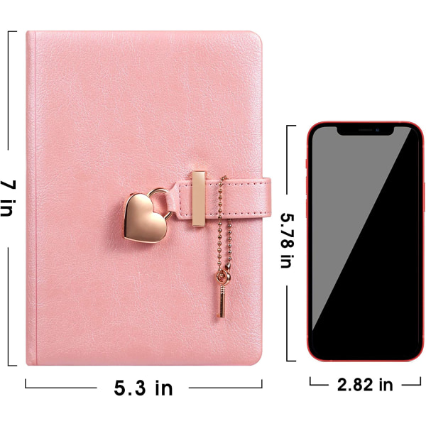 Dagbog med lås og nøgle, hjertekombilås, Girls Secret Notebook, 5,3x7 tommer