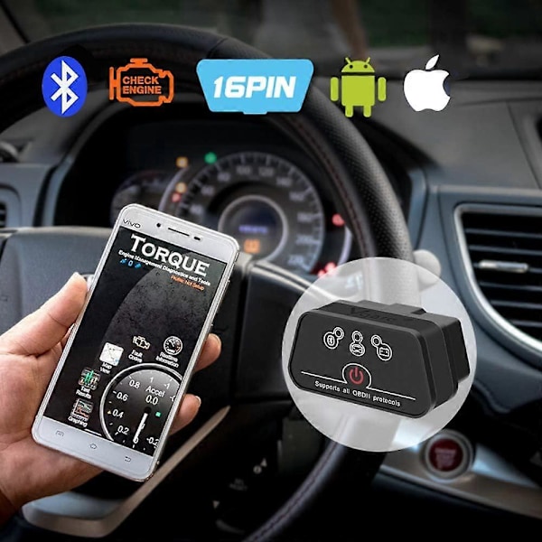 Obd Bluetooth, Icar 2 Ble4.0 Obd2 -sovitin, diagnostiikkatyökalut, autokoodinlukija iOS:lle, Androidille ja Windowsille (musta) [DB]