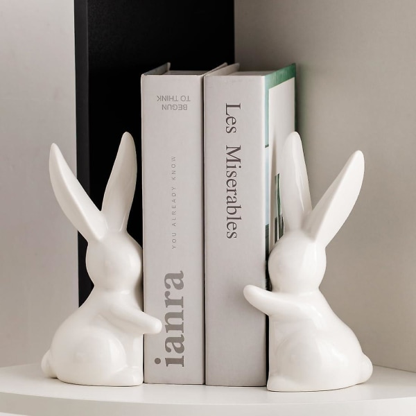 Dekorative keramiske bogstøtter, finurlige kaninbogstøtter, kaninbogholdere Stopper til hylder Kunstbogstøtte - hvid