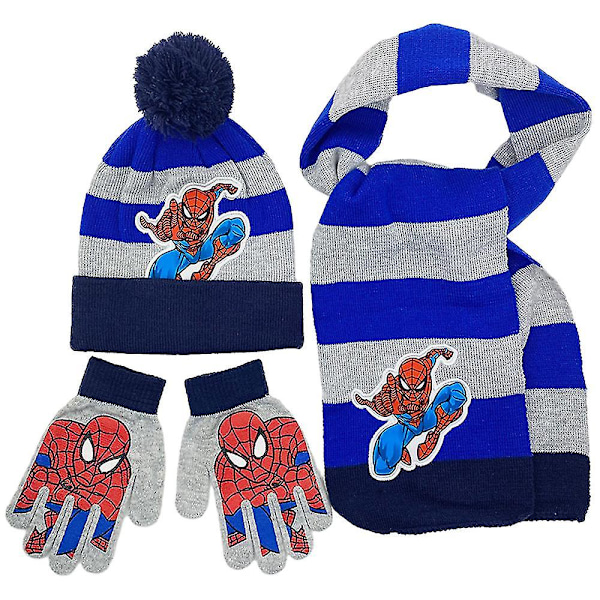 3 st Barn Pojkar Flickor Spiderman Mössa Halsduk Vantar Spider-man Höst Vinter Varma Stickade Set 3-8 År [DB] Grey Dark Blue