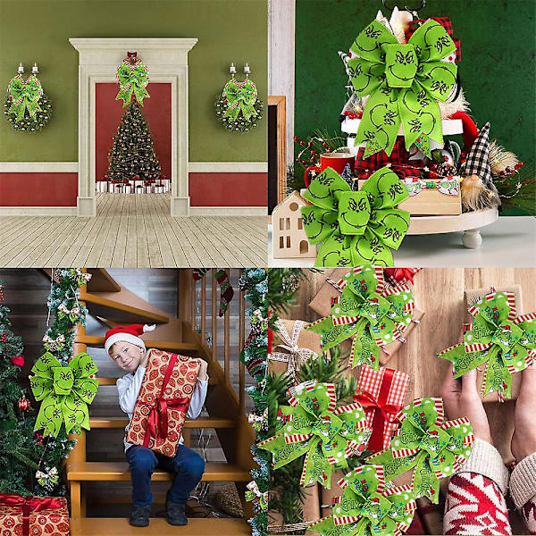 Grinch Julebånd - 4,5 m 2,5 tommer Julegave Grinchs Innpakningsbånd, Pynt til Juletre Krans Sløyfer BD Set of 4