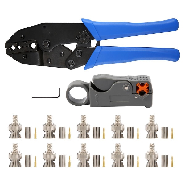 1 set koaxiala RF/BNC-krimpverktyg för Rg58 / Rg59 / Rg6 med 10 st BNC-kontaktkrimpsats [DB] Blue  black