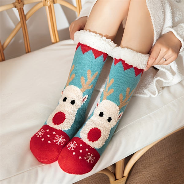 Joulupukki-kuvioiset sukat, paksuuntuneet lämpimät, pehmeällä vuorella varustetut kotisukat, naisten sukat ja sukkahousut db Blue - 1 Pair One-size