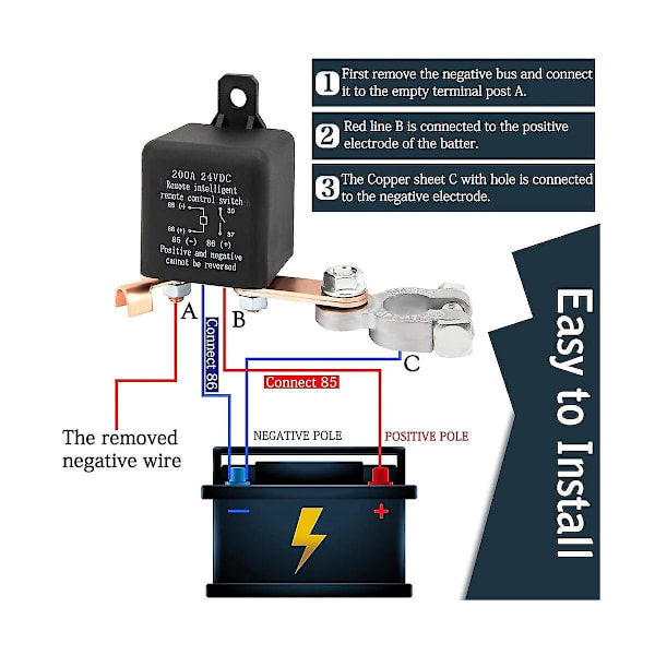 Fjernbetjent batterifrakoblingsafbryder, fjernbetjent afbryder til lastbilbilsafbryder tyverisikring, 24v 200a fjernbetjent Co  [dB} Black
