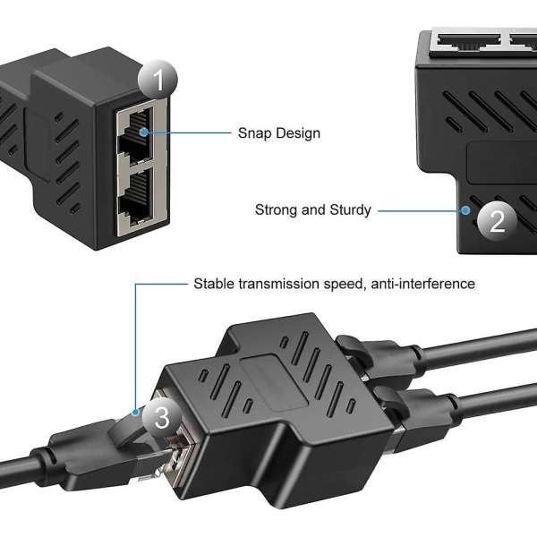 Rj45 Splitter-kontakter Adapter, 1 til 2 Dual Socket Hub-grensesnitt for Cat5 Cat6 Cat7-kabler