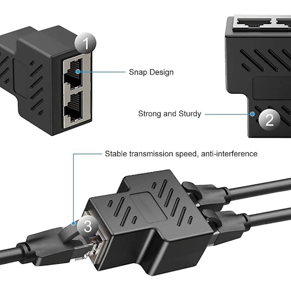 Rj45 Splitter-stik, adapter, 1 til 2 dobbelt sokkel hub-interface til Cat5 Cat6 Cat7-kabler