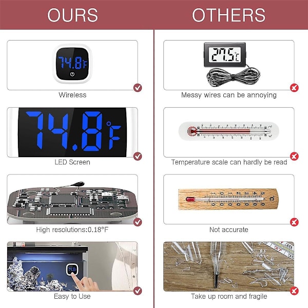 Digitalt akvarie termometer, touch screen fisketank termometer, stick-on temperatursensor med LED-display, 2 stk.