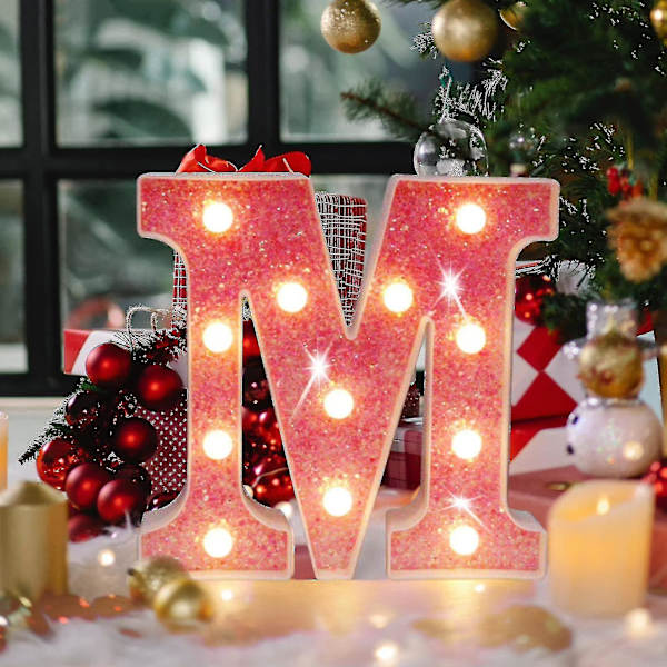 LED-bogstavlys med glitter, glitrende alfabet-skilt med ophængningshul, nattelys, fest, bryllup, boligindretning, LED-lys [DB] J