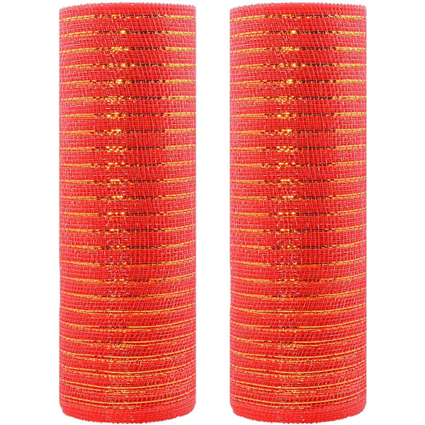 Deco Rød Poly Mesh Bånd Med Metallic Folie 10 Tommer X 30 Fod Hver Rulle
