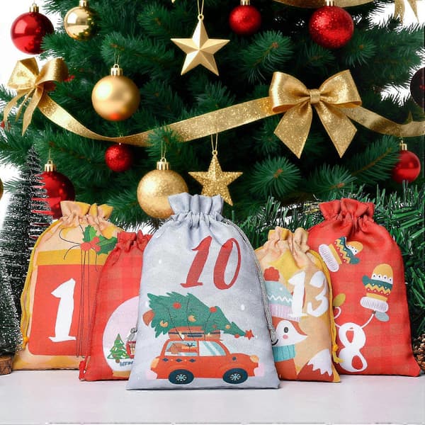 Kompatibel med jul polyester linne dragskoväskor, 24-siffriga nedräkningsväskor, adventskalendrar, godispresentpåsar, juladventsväska [DB]