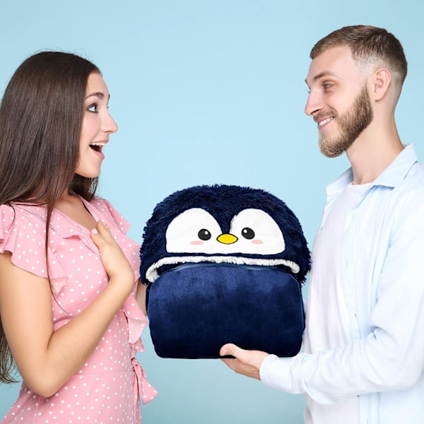Super Mjuk Pingvin Huvtröja Bärbar Filt - Flanell & Sherpa Fleece Vuxen Kappa med Handskar - Maskintvättbar Dark Blue
