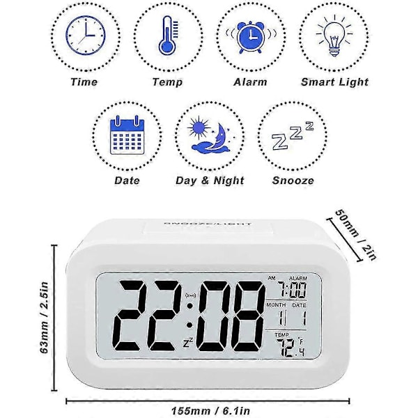 Genopladelige Vækkeure, Digitale Vækkeure Sengelampe Netdrevet Med Smart Lyssensor, 12/24 timer Dato Hvid [DB]