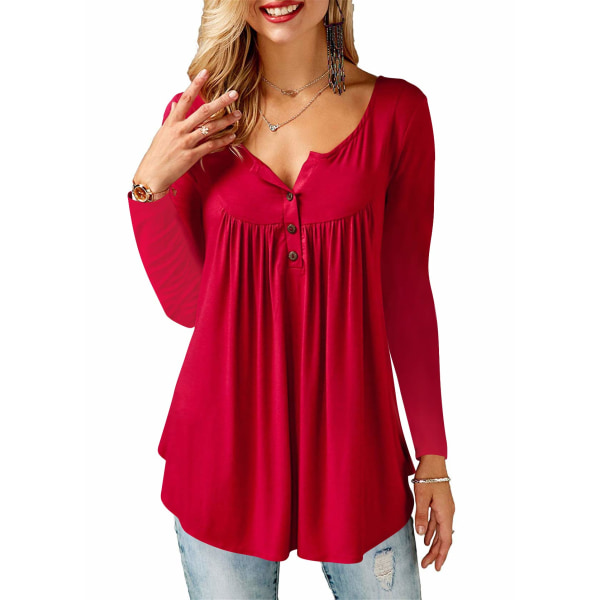 Casual /kortärmade toppar för kvinnor, lösa plisserade tunikaskjortor (röd, XL)