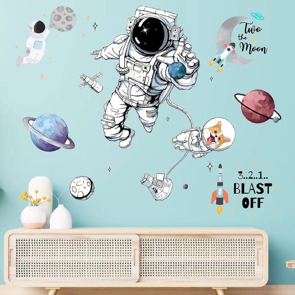 Astronaut Vegger Planet Space Corgi Hund Gjør-det-selv Avtakbar Vinyl Stor veggdekorasjoner for barn Gutter Soverom Stue Spillrom Vegg Pai