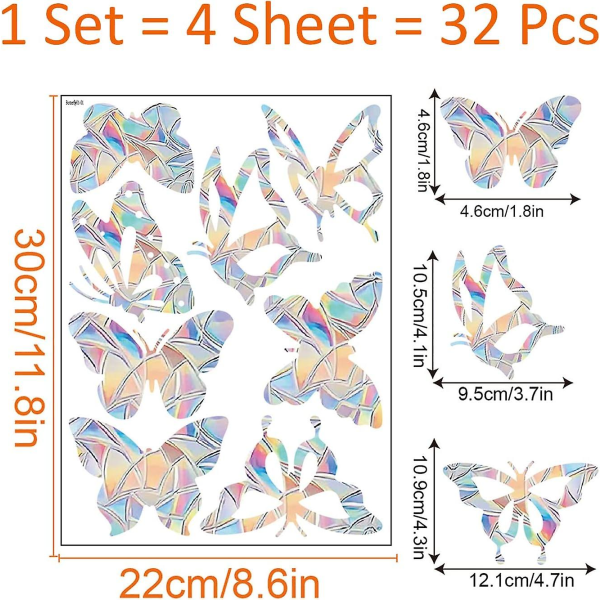 Fjärilsfönsterdekaler för fågelkollisioner - 4 ark, 32 st
