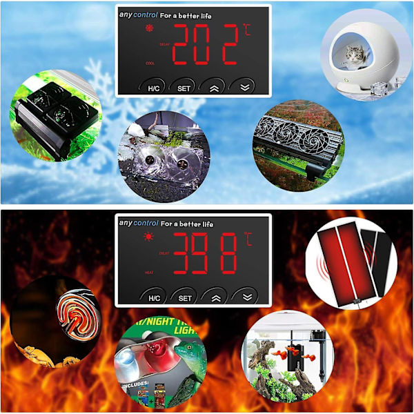 Digital LED-varme- og kjøletemperaturkontroller, reptiltermostat 1100w 220v