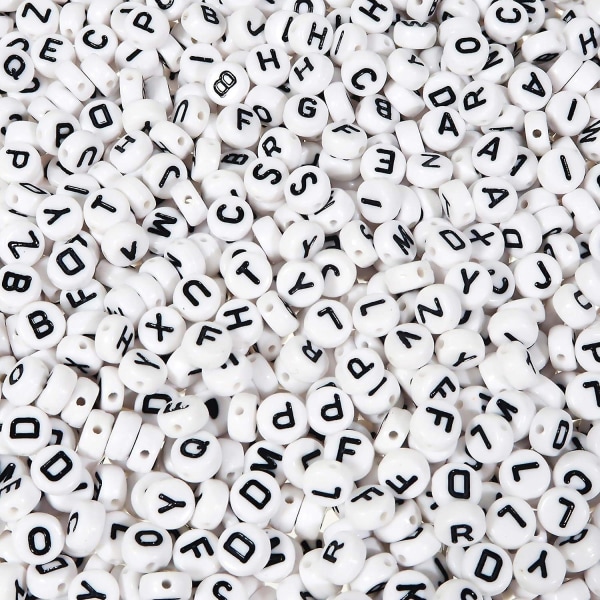 1000 stk runde bokstavperler, hvite akryl alfabetperler