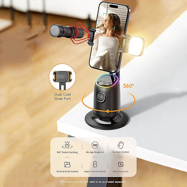 Smart 360° Auto Ansiktsporing Stativ Skrivebord Oppfølging Sporing Gimbal for Vlogg Video Opptak DB No Light