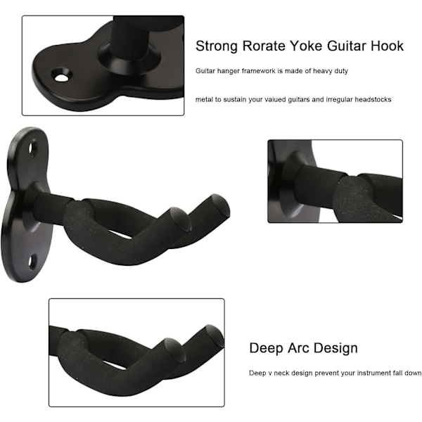 2-pakks gitarholder veggmontert gitaroppheng, gitarveggmontert displaybrakettkroker for elektrisk gitar, klassisk akustisk gitar, bass svart
