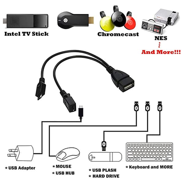2-i-1 Micro USB til USB-adapter (OTG-kabel + strømledning) - 2-pakning / 20 cm [DB]