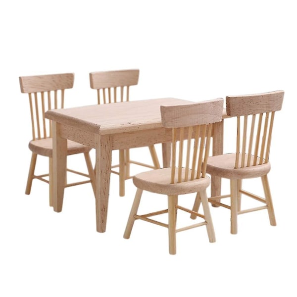 1/12 trædukkehusmøbler af bord og stolesæt, miniaturedukkehustilbehør til spisestue [XC] wood color