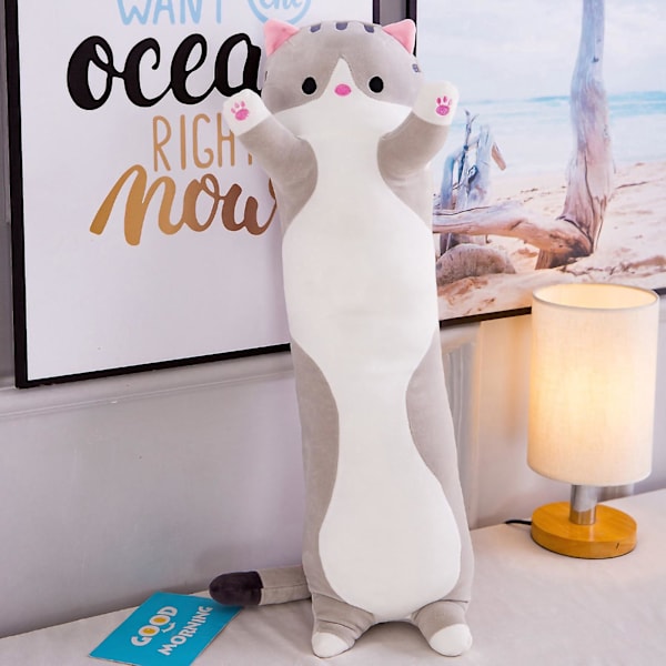 Lång katt kroppskudde plysch stoppad lång kudde katt djur mjuk leksak present för att sova krama [DB] Gray 50cm
