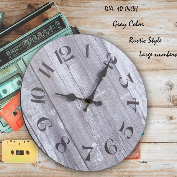 Decorative Rustic Arabic Numeral Wooden Round Wall Clock -25cm-Grey