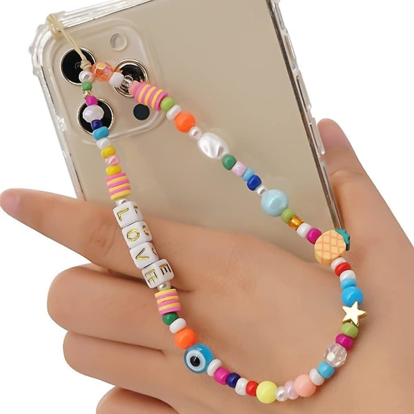 Pearl Handledsrem för telefon, Smiley Face Universal Mobile Phone Lanyard Beads Handledskedja för kvinnor Flickor Bohemian Pearls Charm Mobiltelefonsnodd