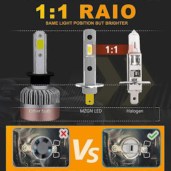 2 st LED-lampa H1 LED-strålkastare Mini Storlek Design Trådlös Fläktlös För Bil LED-lampa CSP-chip 13000LM Vit [Db] 3000K Gold Yellow H1(12V)